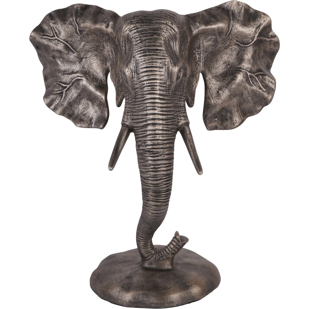 Front view of the elephant head sculpture with outspread ears, short tusks and a curling trunk above an oval base.
