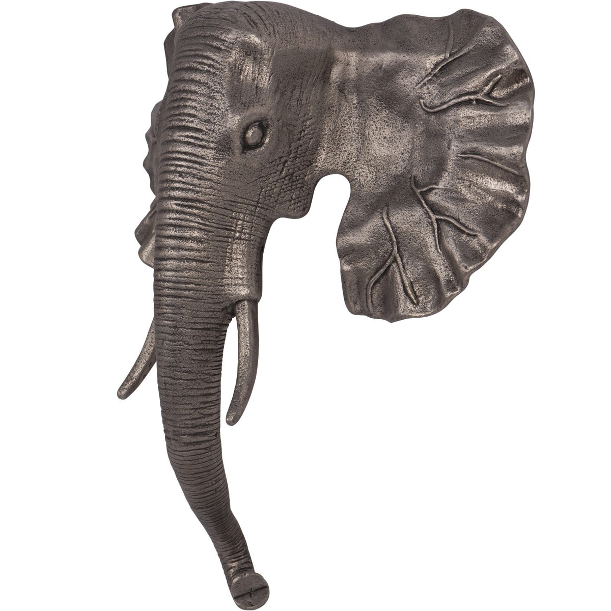 Angled view of the elephant wall sculpture showing the eye, projecting trunk, curved tusks and textured ear.
