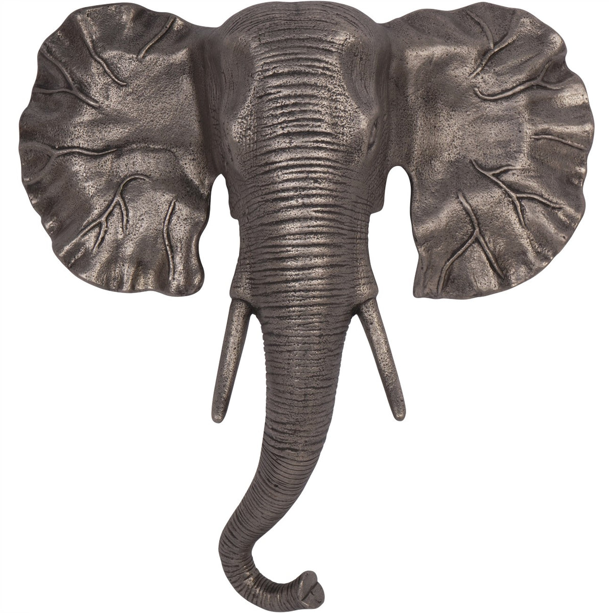 Front view of the grey metallic elephant head wall sculpture with broad ears, two tusks and a long curled trunk.