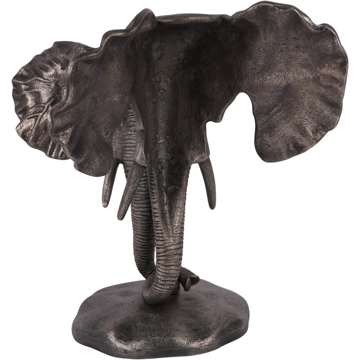 Angled view of the elephant sculpture, with the larger elephant in front and the smaller figure partly behind.