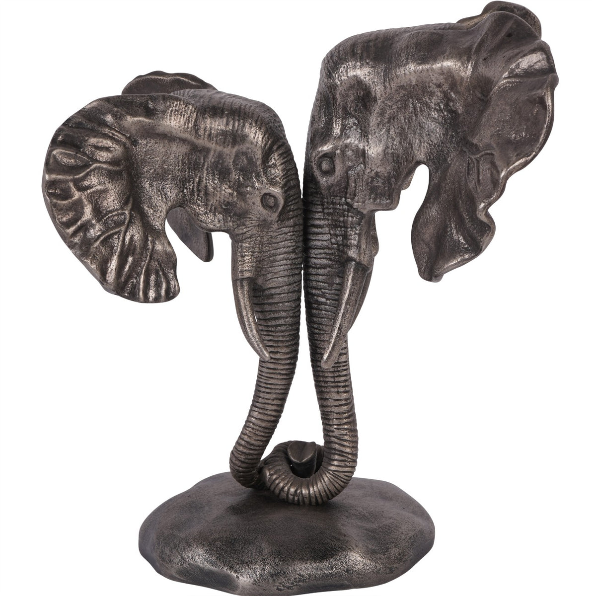 Two nuzzling elephants in an antique nickel finish, with broad ears and curled trunks on a shared dark plinth.