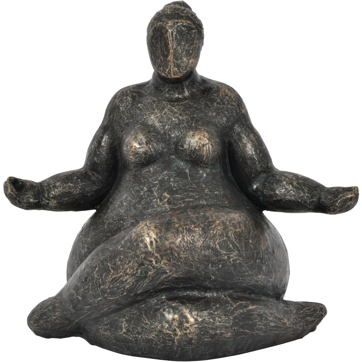 Front view of the bronze-effect feminine sculpture sitting cross-legged with arms extended and palms facing upwards.