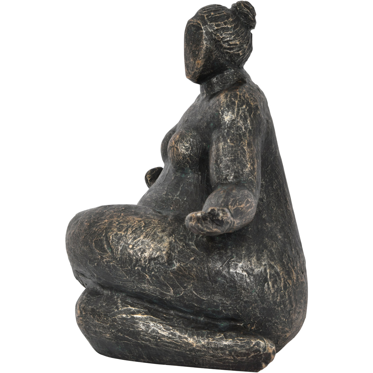Side view showing the seated figure's rounded body, crossed legs, open hand and hair bun.