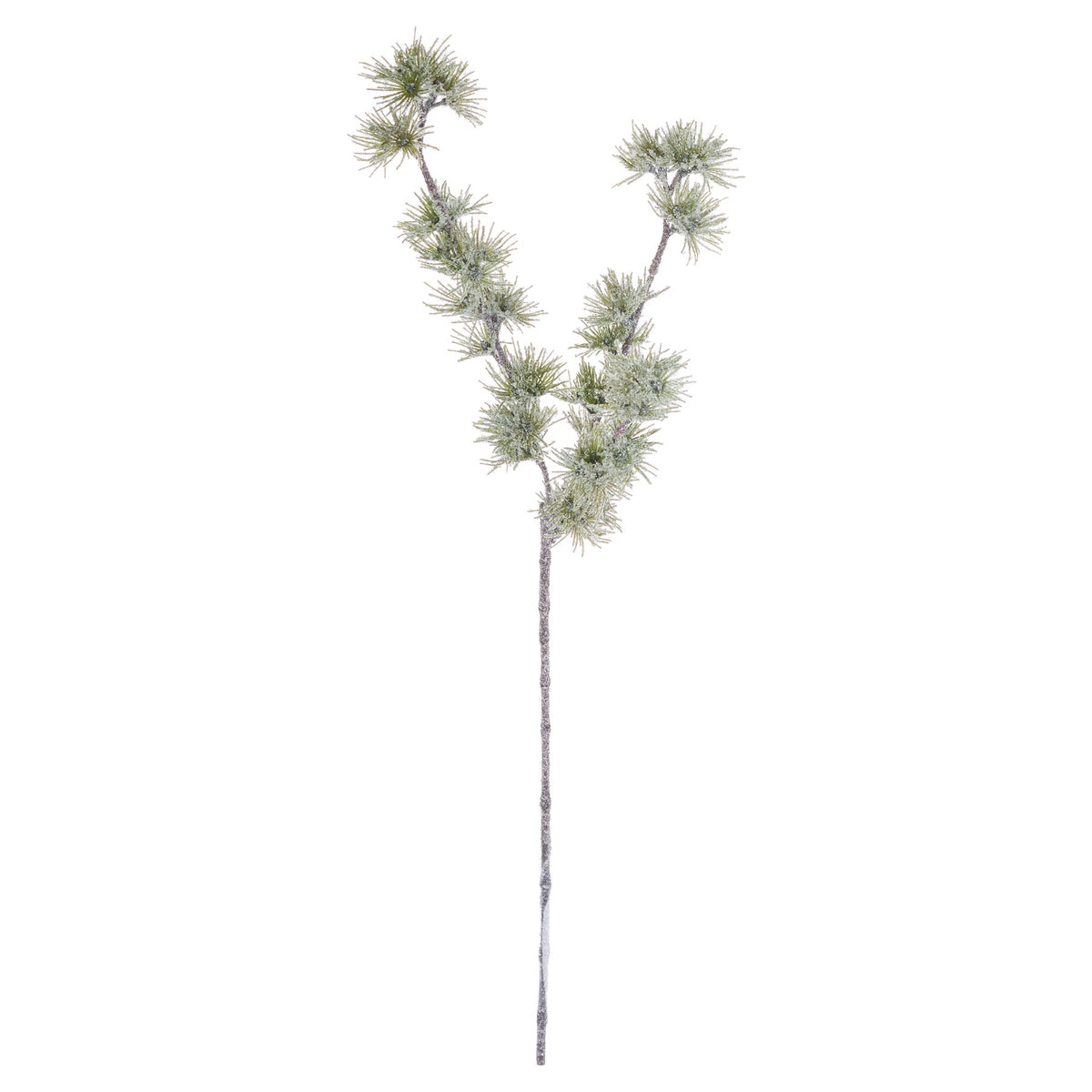 Full view of the Radial Frost artificial branch against white, with a long grey-brown stem and two upper arms carrying snowy green foliage tufts.