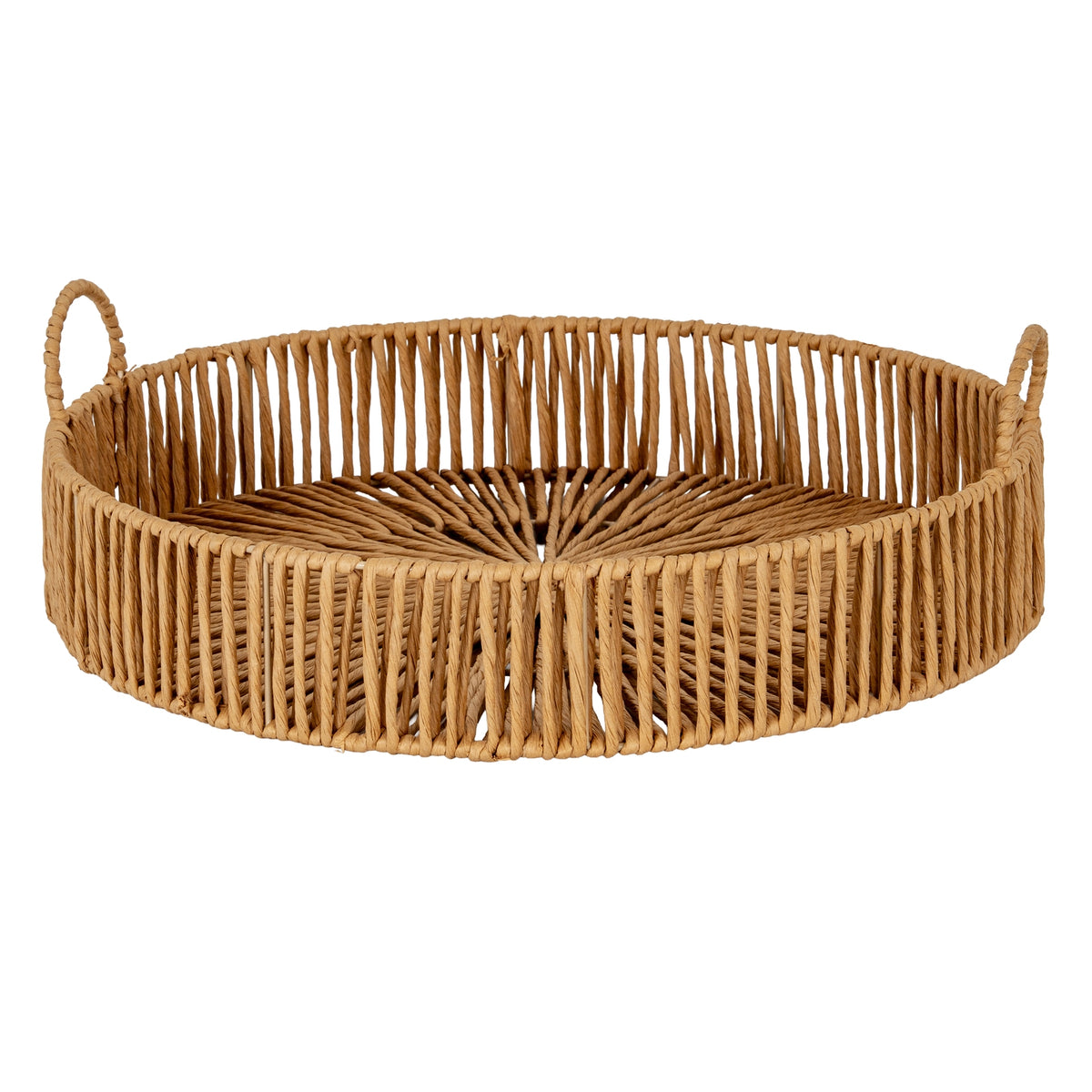 Lower angled view of the round woven tray, with the vertical-loop rim across the front and a handle at either side.