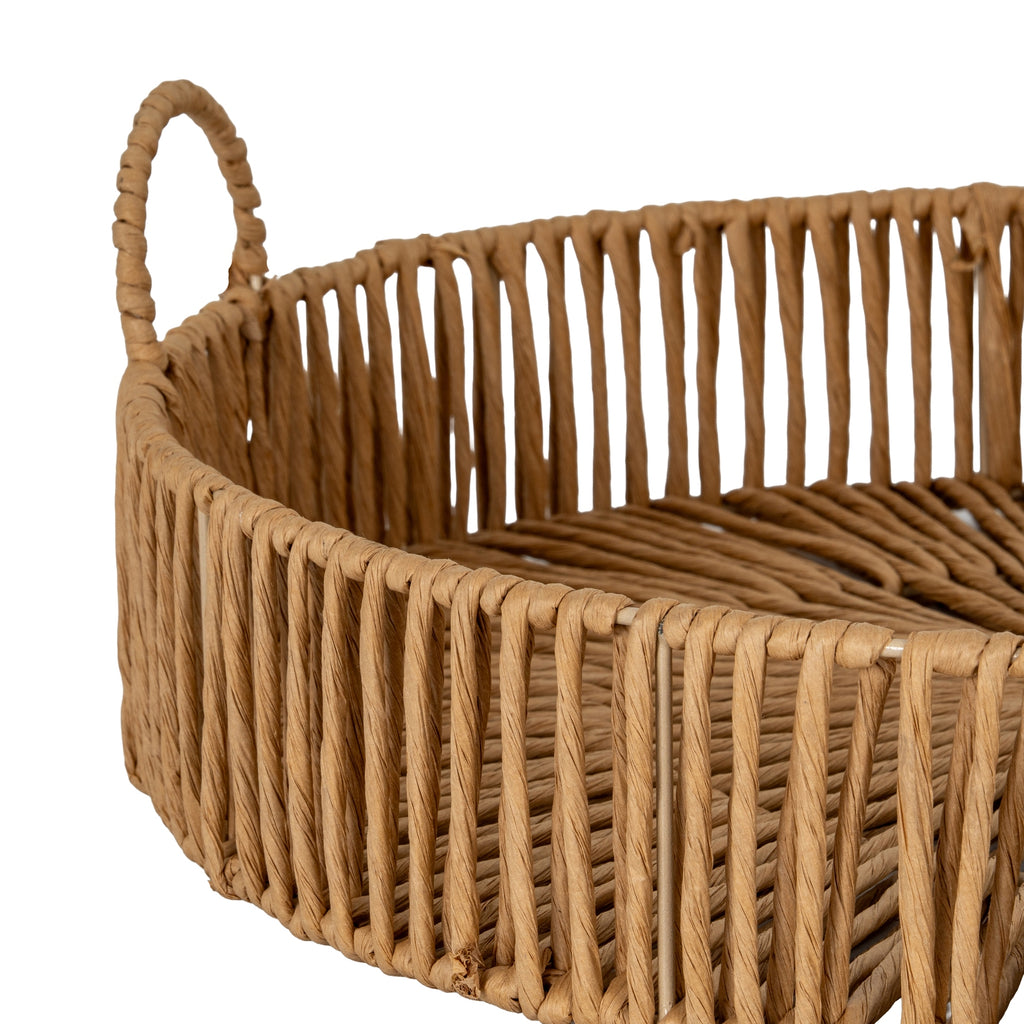 Close-up of the tray's warm brown textured strands, wrapped upper edge and raised loop handle.