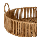Close-up of the tray's warm brown textured strands, wrapped upper edge and raised loop handle.
