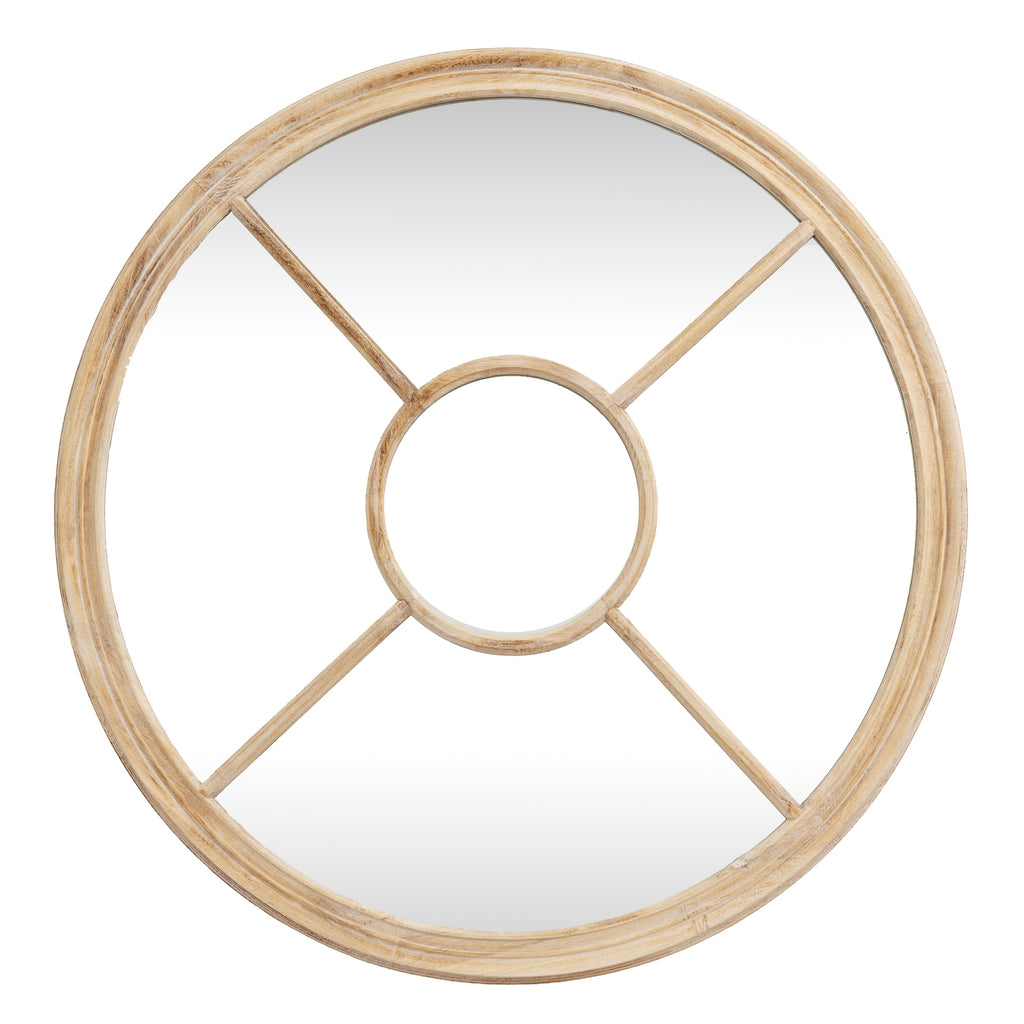 Front view of a round wall mirror with a pale washed wood-tone outer frame, a smaller central ring and four diagonal bars dividing the surrounding reflective area.