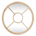 Front view of a round wall mirror with a pale washed wood-tone outer frame, a smaller central ring and four diagonal bars dividing the surrounding reflective area.