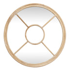 Front view of a round wall mirror with a pale washed wood-tone outer frame, a smaller central ring and four diagonal bars dividing the surrounding reflective area.