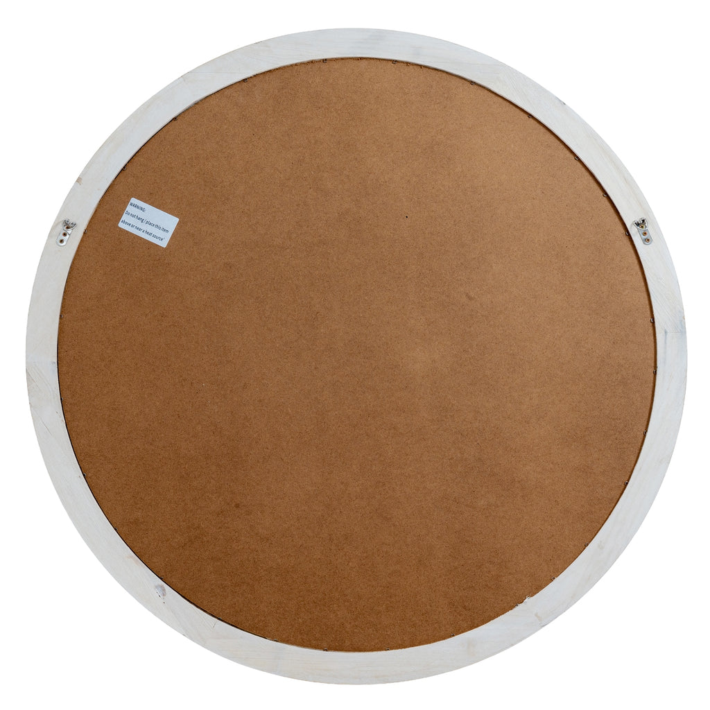 Rear view of the round mirror with a brown back panel, pale outer rim and two small hanging loops. Product label: Do not hang or place this item above or near a heat source.