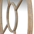 Angled close-up of the mirror's central ring and adjoining diagonal bars, with a pale washed wood-tone finish and the curved outer frame visible at the edges.