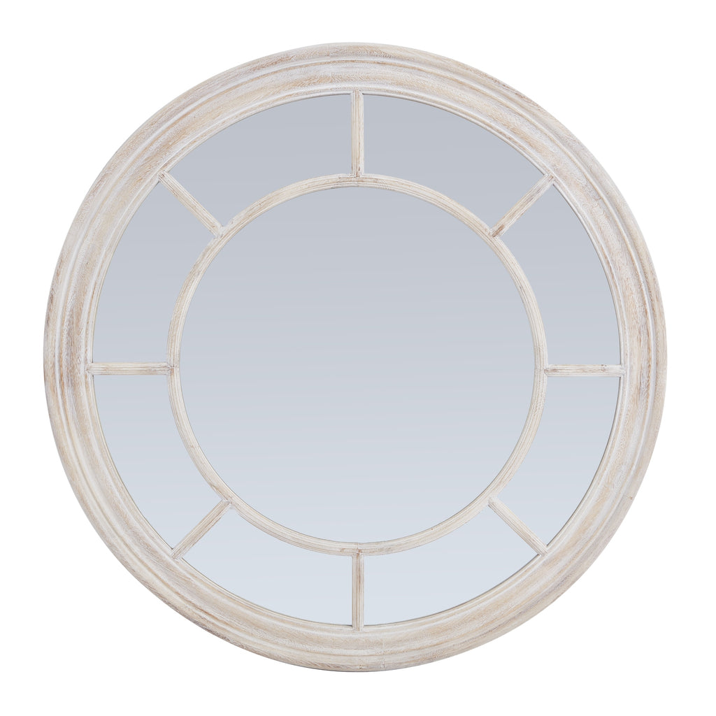 Front view of a round wall mirror with a broad pale washed frame, central ring and eight radial dividers.