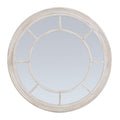 Front view of a round wall mirror with a broad pale washed frame, central ring and eight radial dividers.