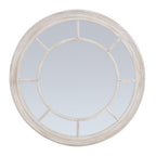 Front view of a round wall mirror with a broad pale washed frame, central ring and eight radial dividers.