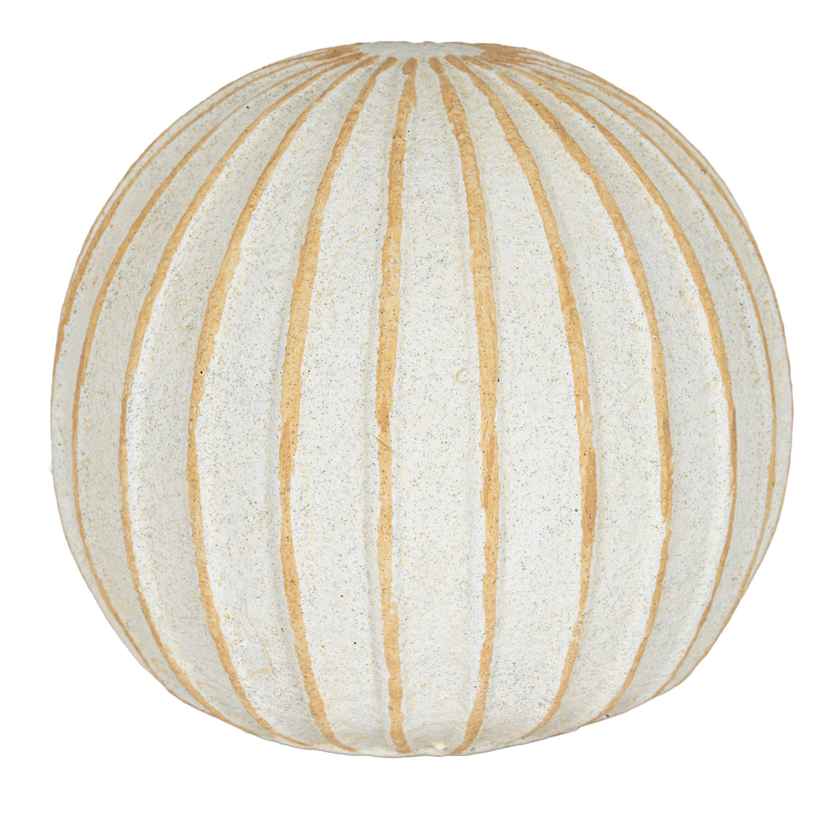 Cream-white decorative ball on a white background, with narrow tan grooves curving down its rounded sides.