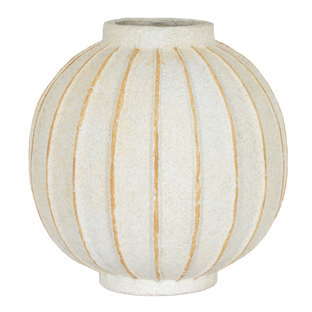 Cream-white globe vase with tan radial grooves, a short cylindrical neck and a small foot ring against a white background.