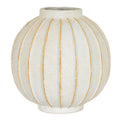 Cream-white globe vase with tan radial grooves, a short cylindrical neck and a small foot ring against a white background.