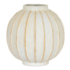 Cream-white globe vase with tan radial grooves, a short cylindrical neck and a small foot ring against a white background.
