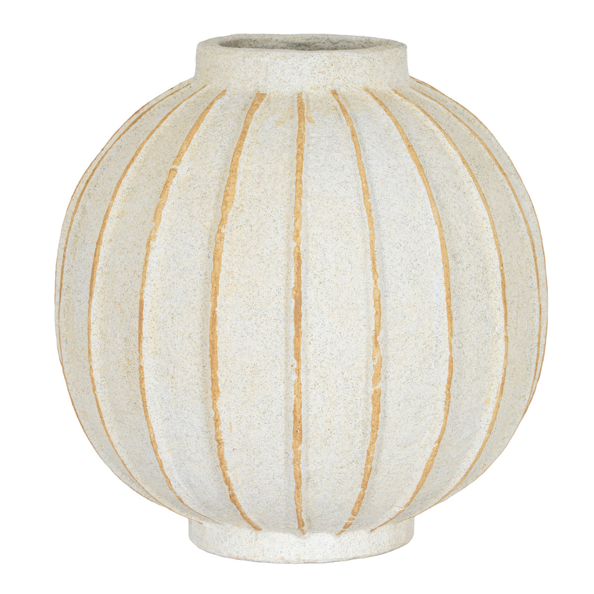 Cream-white globe vase with tan radial grooves, a short cylindrical neck and a small foot ring against a white background.