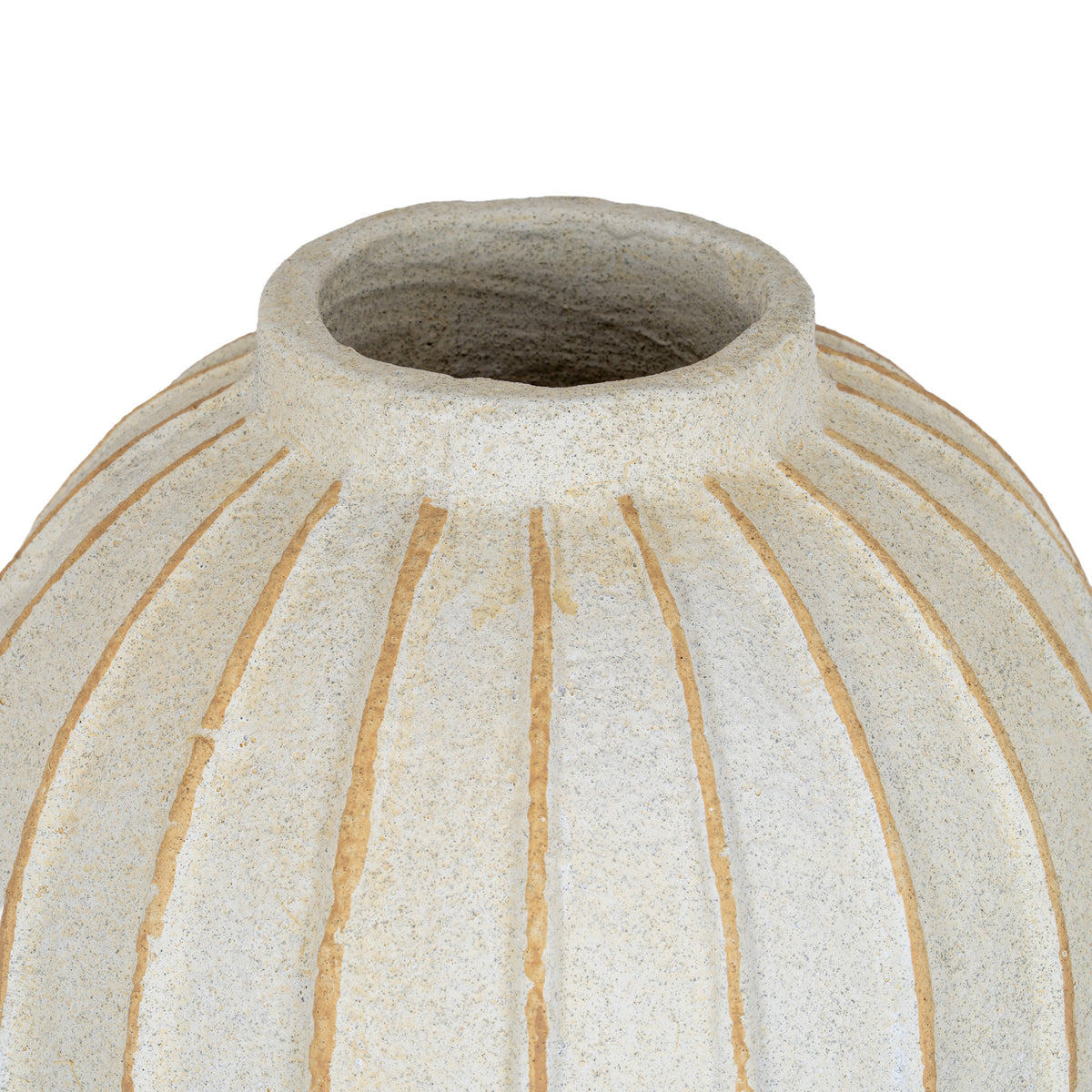 Close view of the vase opening and short neck, with tan grooves spreading across the rounded shoulders.