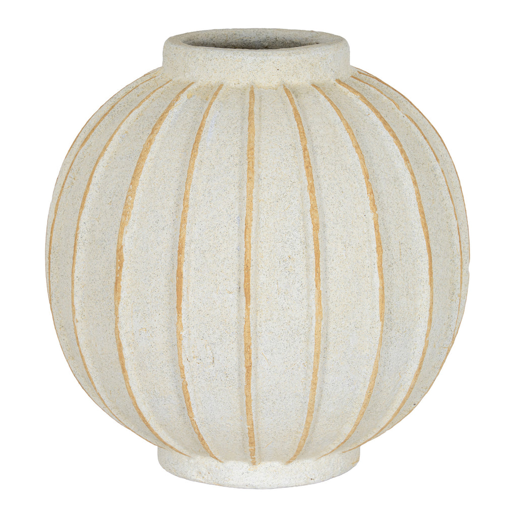 Cream-white globe vase with tan vertical grooves, a short open neck and a circular foot ring against a white background.