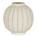 Cream-white globe vase with tan vertical grooves, a short open neck and a circular foot ring against a white background.