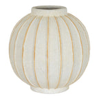 Cream-white globe vase with tan vertical grooves, a short open neck and a circular foot ring against a white background.