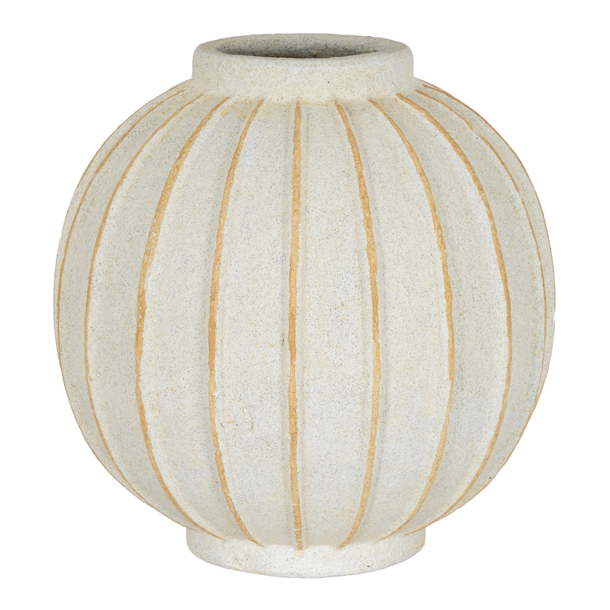 Cream-white globe vase with tan vertical grooves, a short open neck and a circular foot ring against a white background.