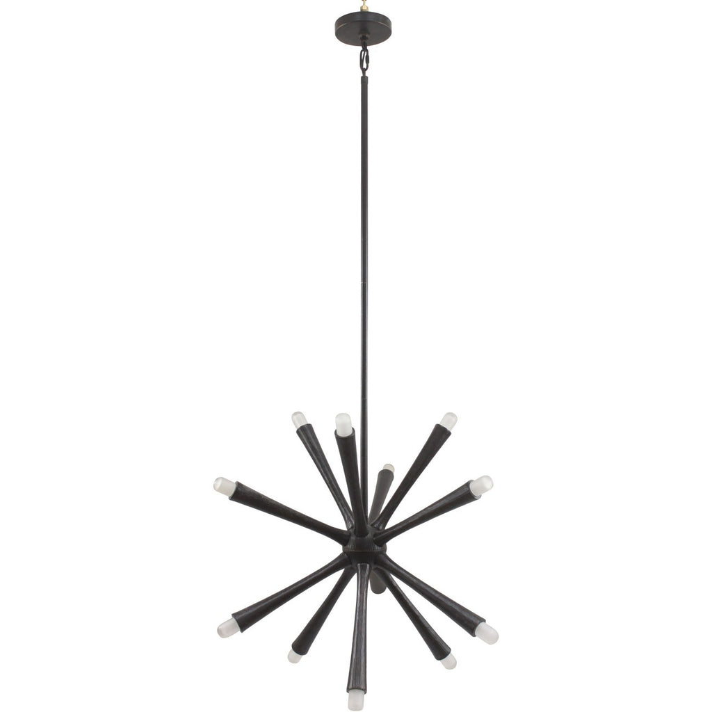 Dark chandelier on a white background, with tapered arms radiating from a central body, pale rounded tips and a long suspension stem.