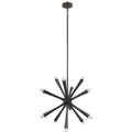 Dark chandelier on a white background, with tapered arms radiating from a central body, pale rounded tips and a long suspension stem.