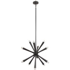 Dark chandelier on a white background, with tapered arms radiating from a central body, pale rounded tips and a long suspension stem.