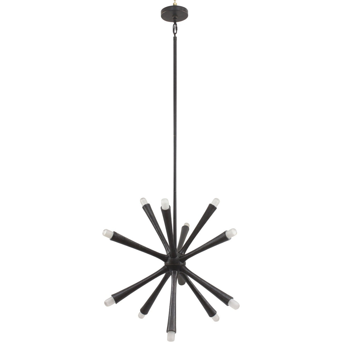 Dark chandelier on a white background, with tapered arms radiating from a central body, pale rounded tips and a long suspension stem.