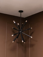 Radiating arm chandelier switched off against brown panelled walls, showing dark tapered arms and pale rounded tips.