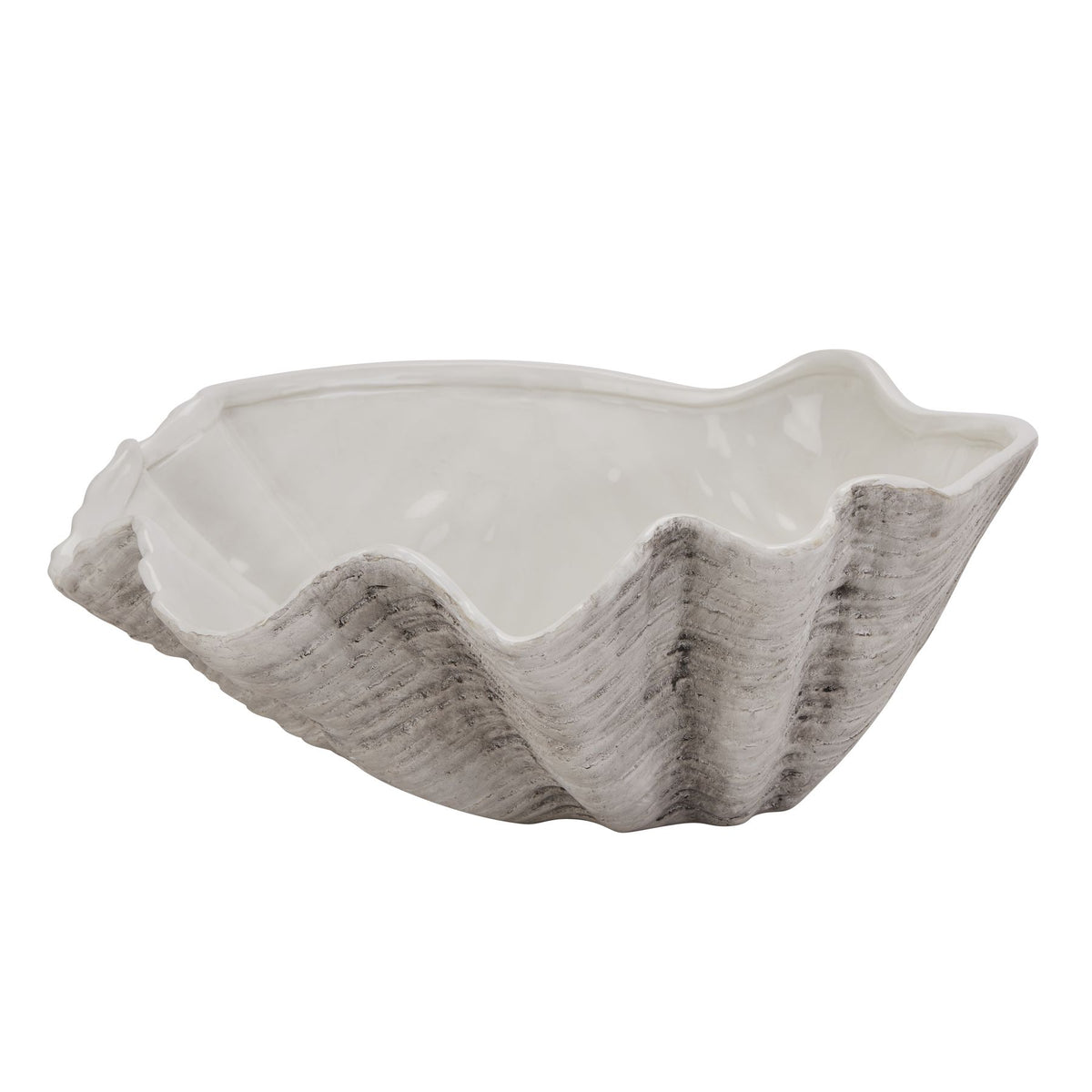 Radiating Shell Planter with an open off-white interior, textured grey ribs and a wavy rim against a white background.