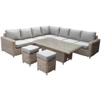 Corner seating arrangement on white with the rectangular woven pedestal table shown lower in front of the pale seat cushions and two square stools.