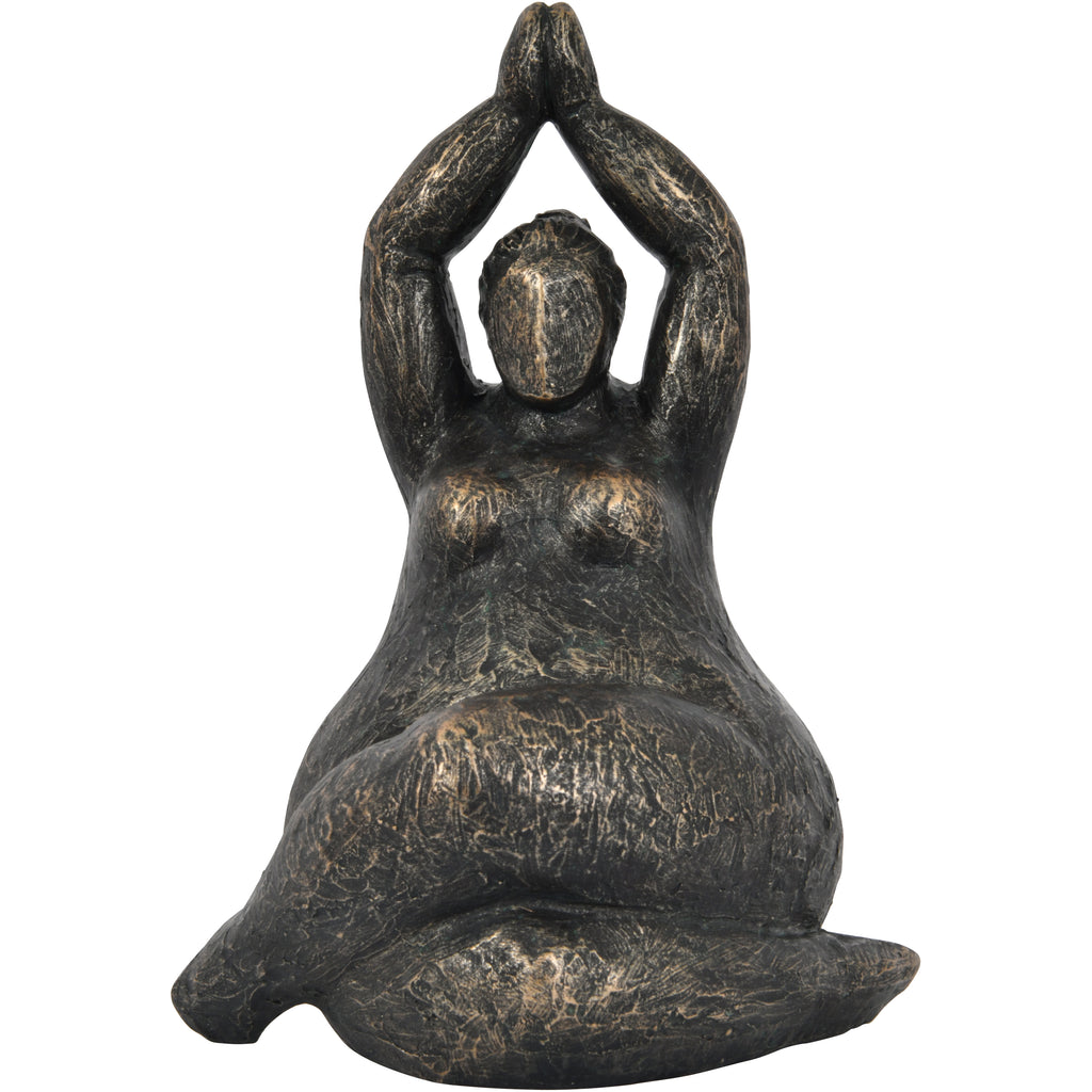 Front view of a bronze-finish seated feminine figure sculpture with folded legs and palms joined overhead.
