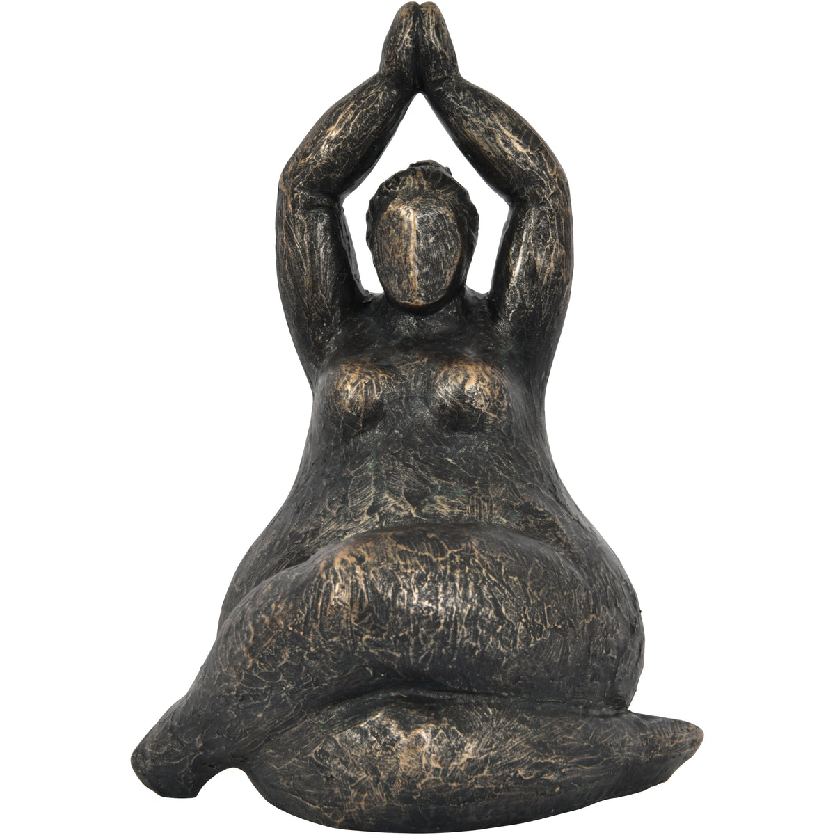 Front view of a bronze-finish seated feminine figure sculpture with folded legs and palms joined overhead.