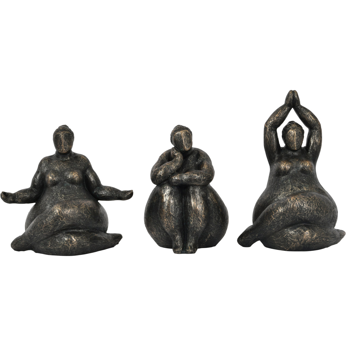 Three bronze-finish seated figure sculptures in different poses, with the raised-arms figure on the right.