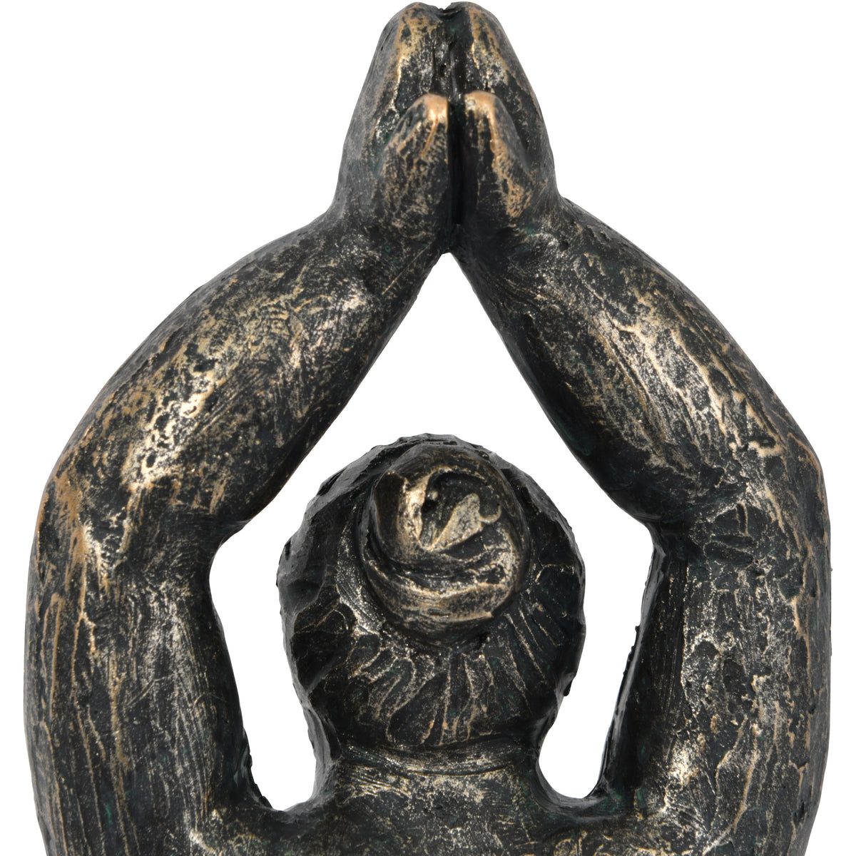 Rear close-up of the figure's joined hands, raised arms and hair bun with bronze highlights over a dark textured finish.