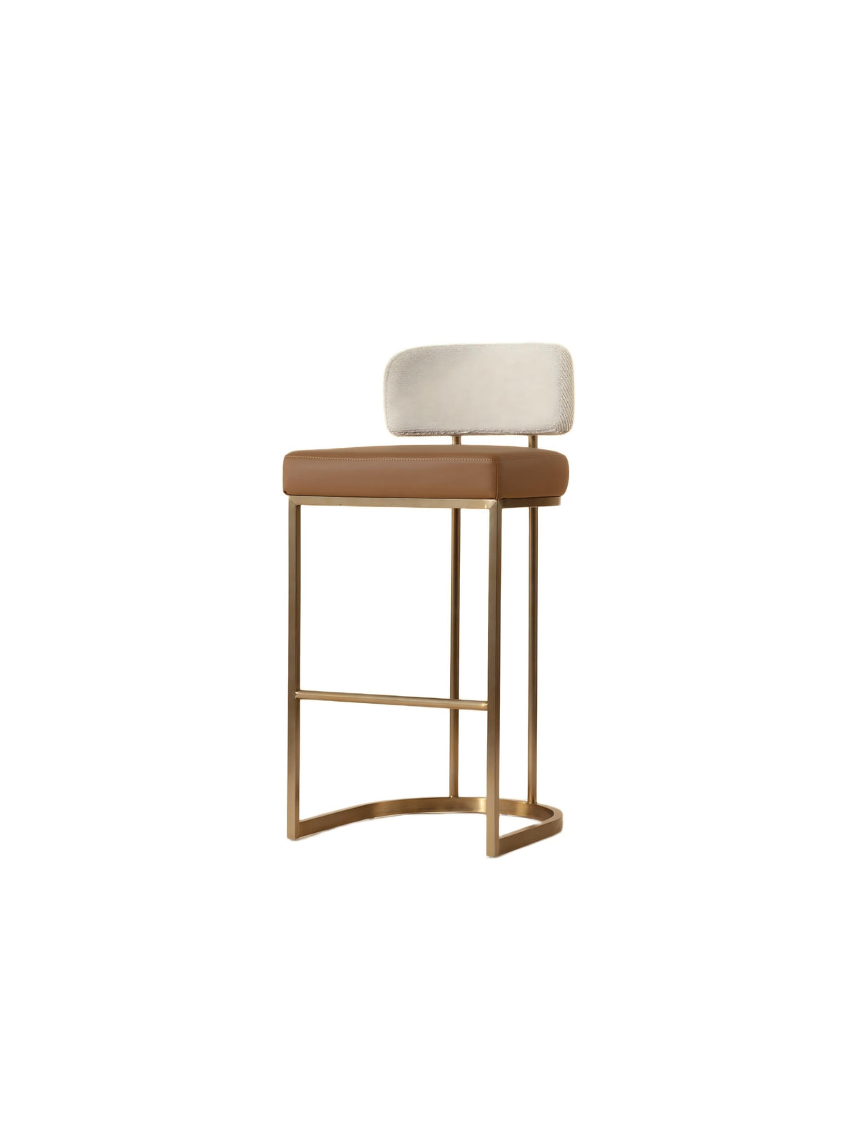 Three-quarter view of a bar stool with a cognac seat, light barley raised backrest and brass-toned frame with a front footrest and curved base.
