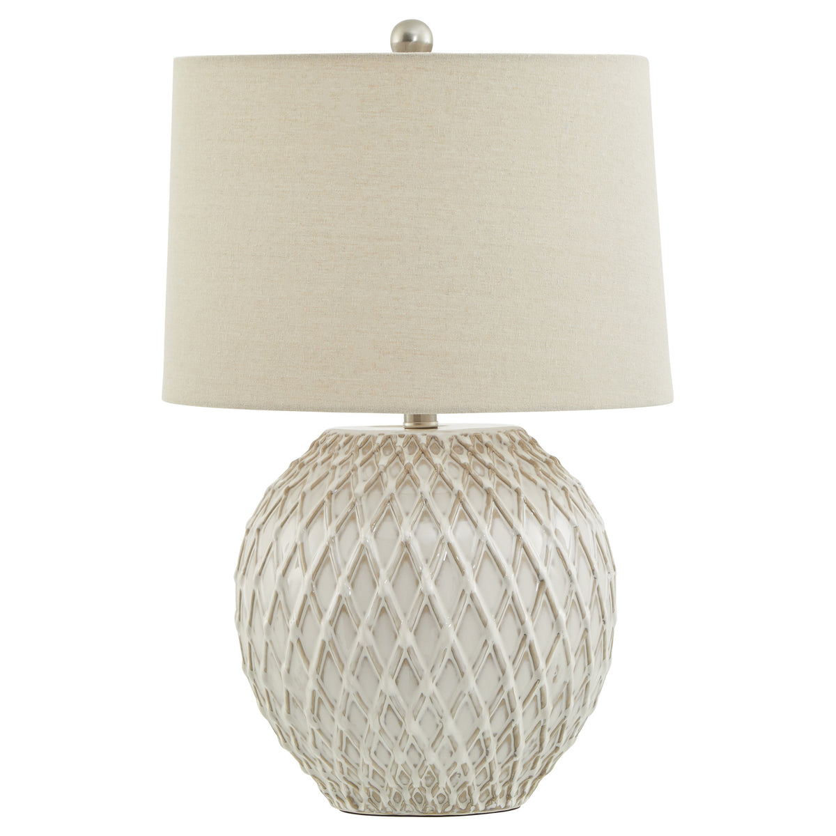 Pale table lamp with a rounded diamond lattice base, tapered cream shade and round metallic-looking finial against white.