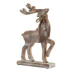 Brown and white-washed reindeer ornament with branching antlers, a raised foreleg and rope bow on a rectangular base.