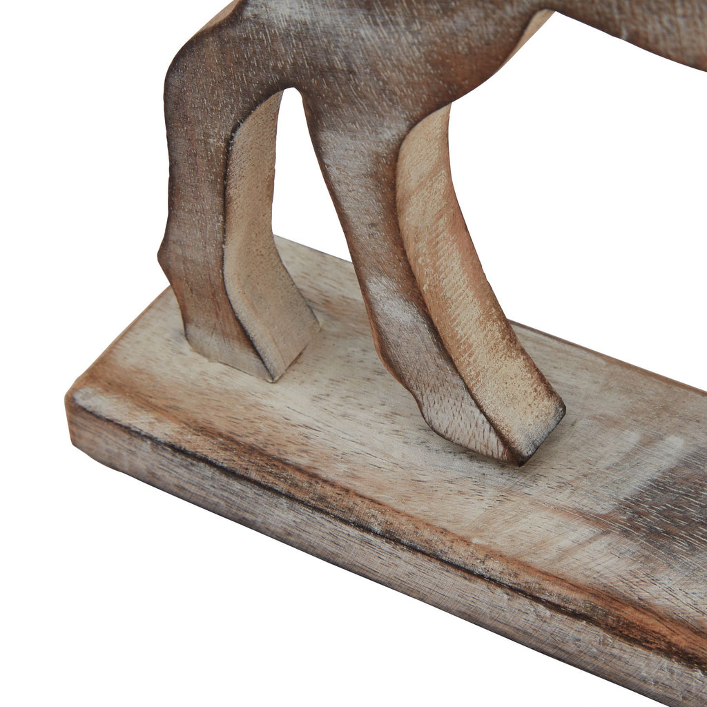 Detail of the reindeer's rear legs and rectangular base, showing the brown and white-washed surface and pale edges.