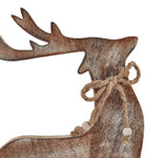 Close-up of the reindeer's head and neck, with white streaks across the brown finish and pale beads on the rope bow ends.