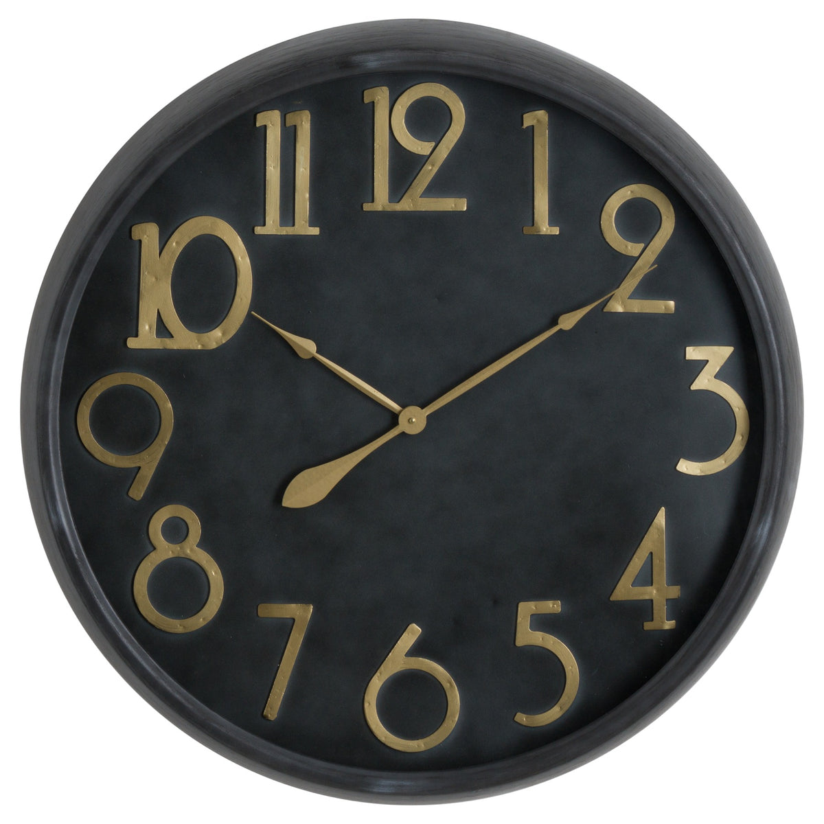Round black wall clock with raised gold-toned Arabic numerals, matching slender hands and a dark rounded rim.