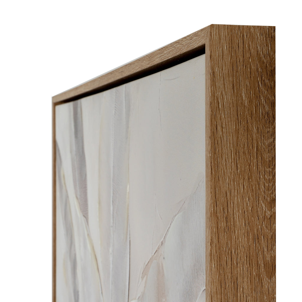 Angled close-up of the artwork's upper frame corner, showing its brown grain-effect finish and dark inset border.