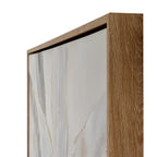 Angled close-up of the artwork's upper frame corner, showing its brown grain-effect finish and dark inset border.