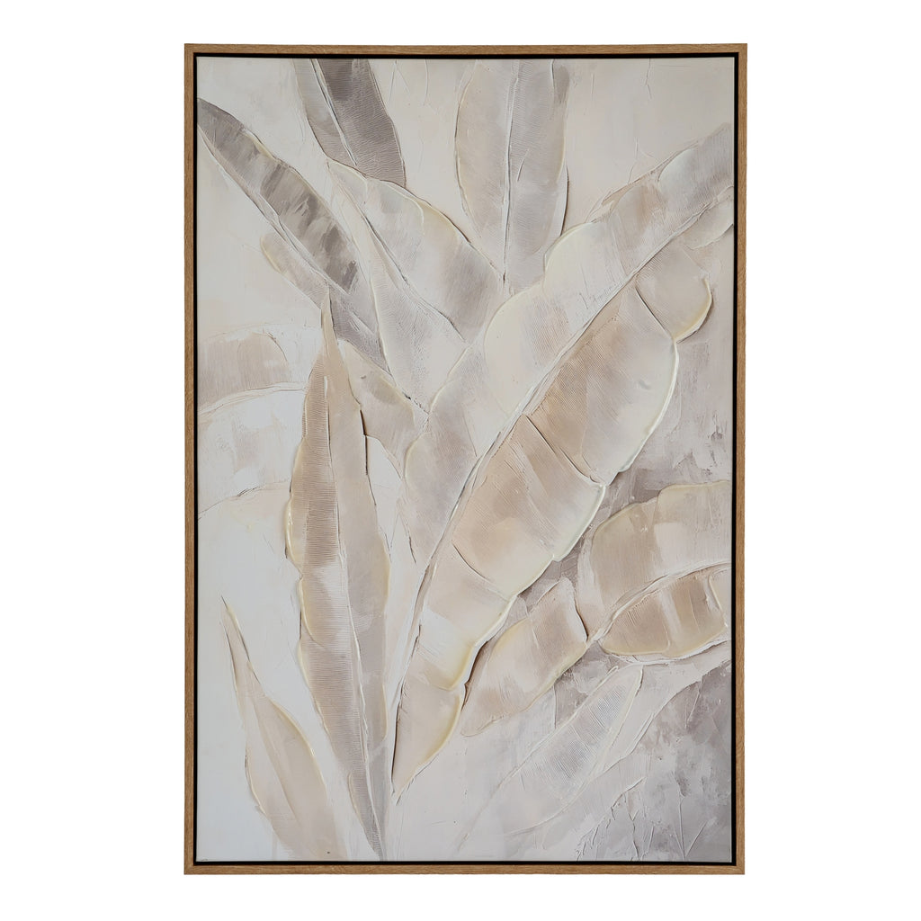 Front view of portrait artwork with overlapping pale leaf forms and raised outlines inside a slim brown frame.