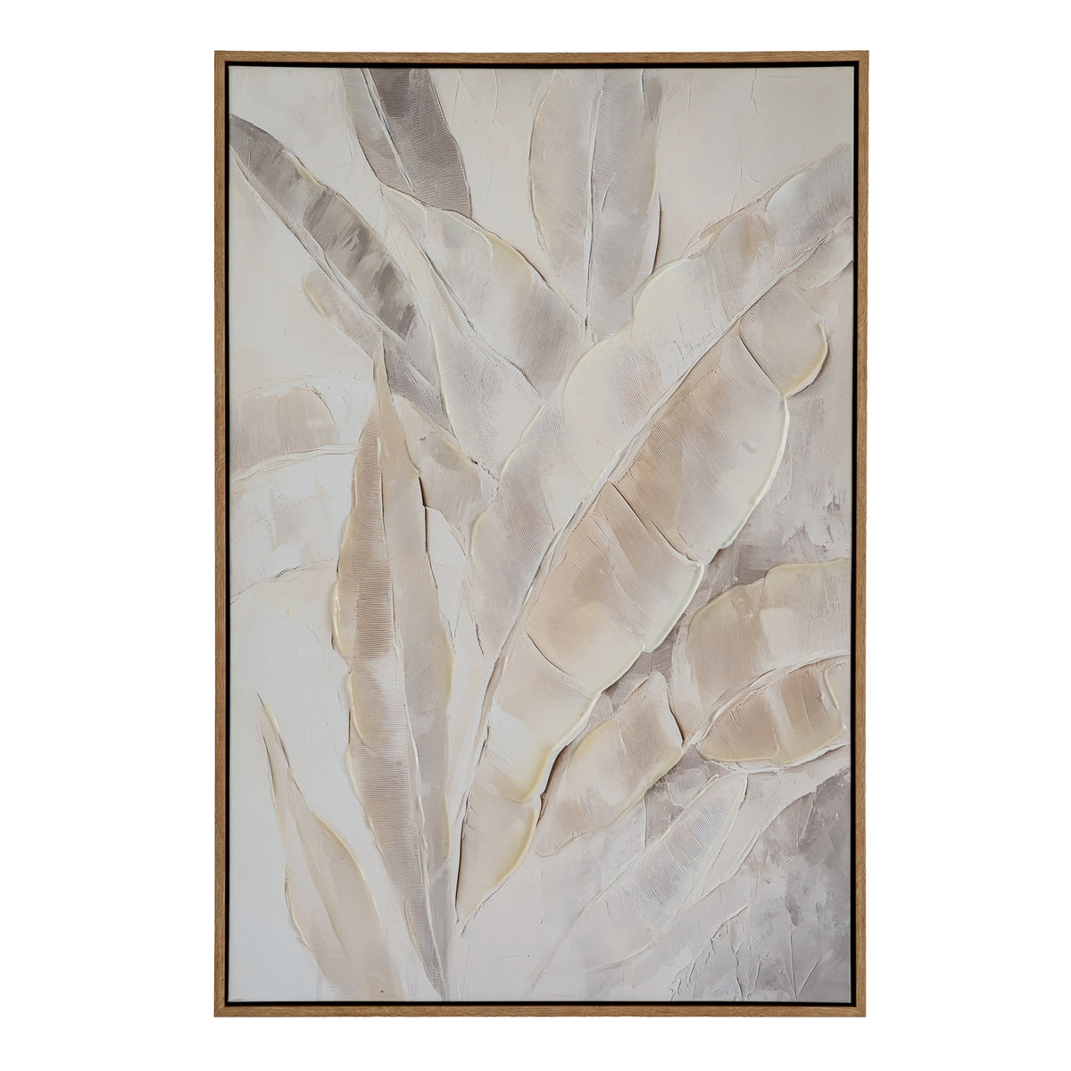 Front view of portrait artwork with overlapping pale leaf forms and raised outlines inside a slim brown frame.